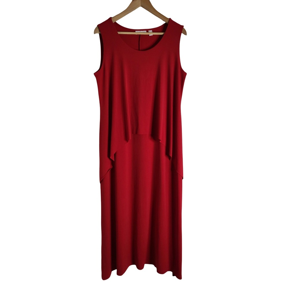 Susan Graver Liquid Knit Red Popover Maxi Dress MP Sleeveless Draped Resortwear